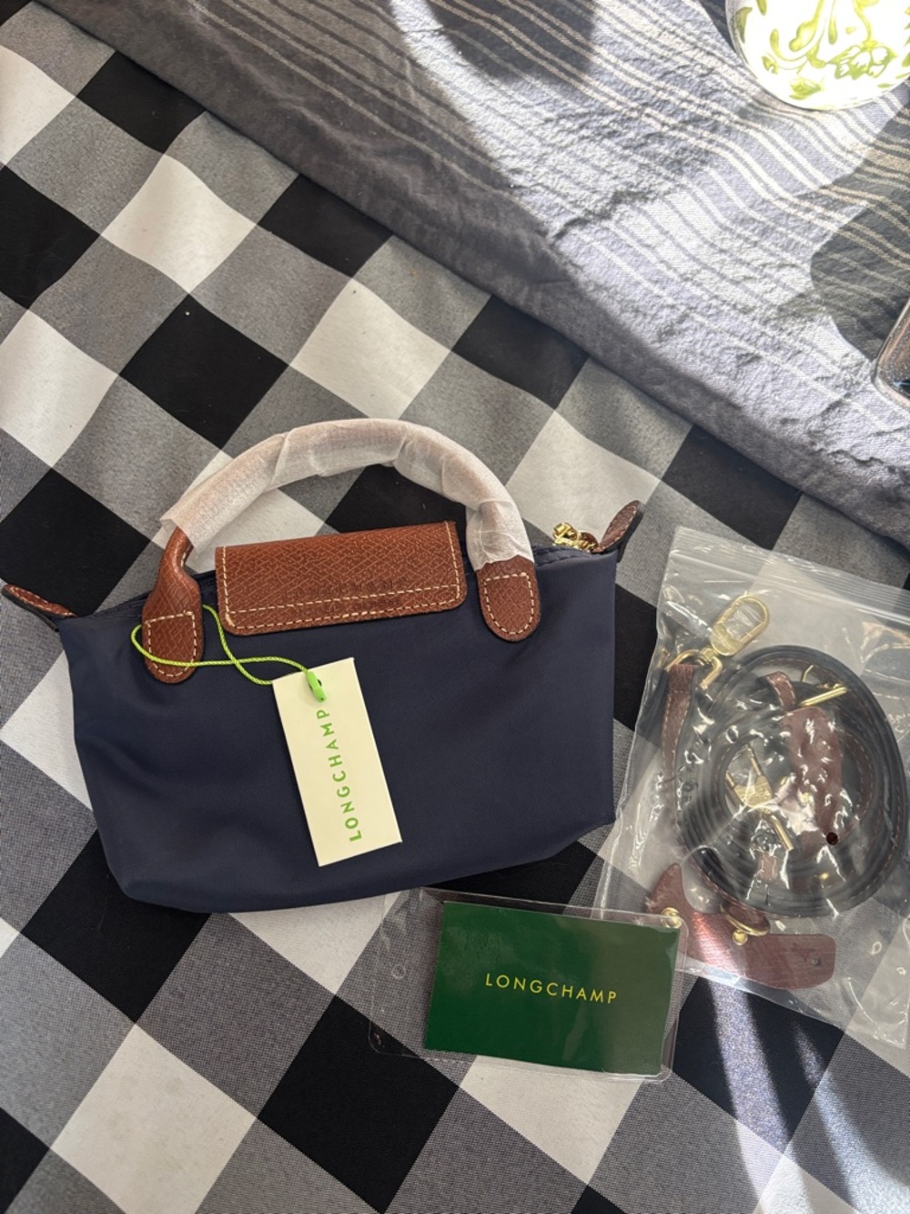 Longchamp Navy Nylon Le Pliage Mini Crossbody with Brown Trim - Picture 2 of 6